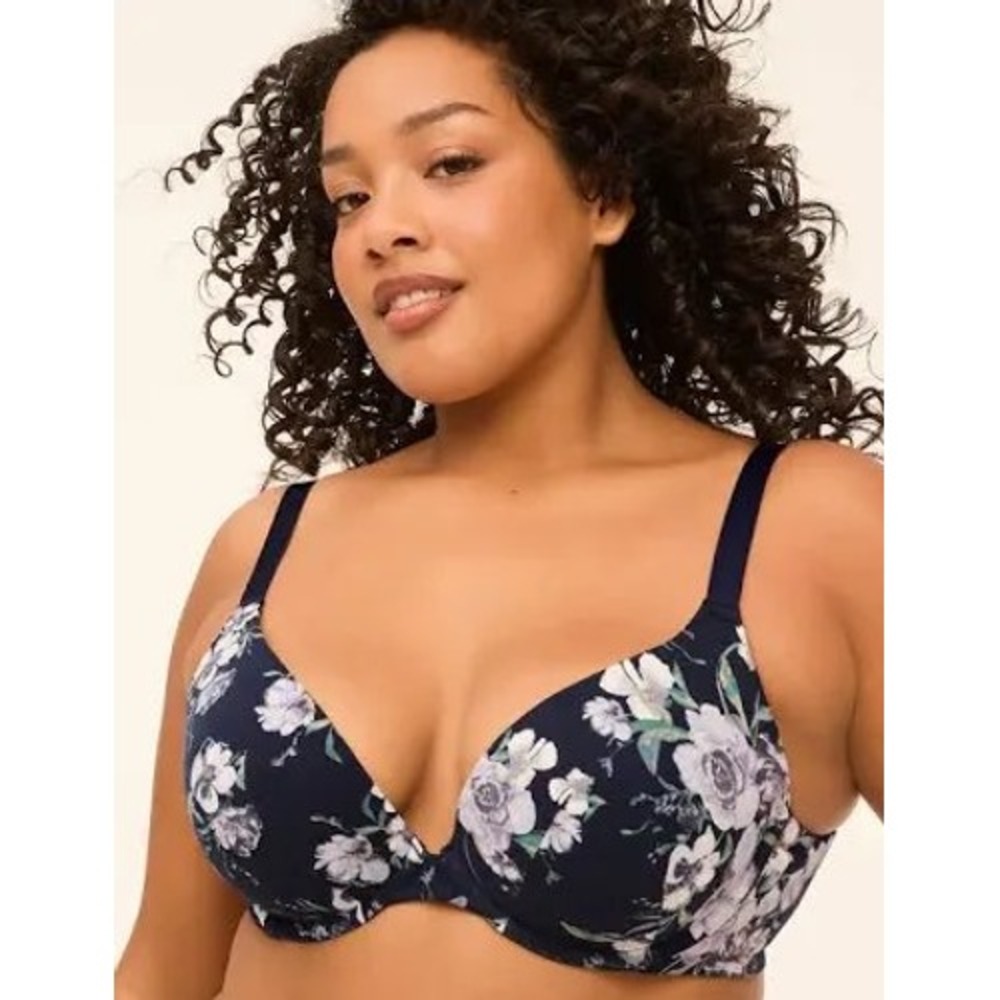 Cacique NEW Full Coverage Bra Black Floral Back Smoothing Underwire pretty 44G